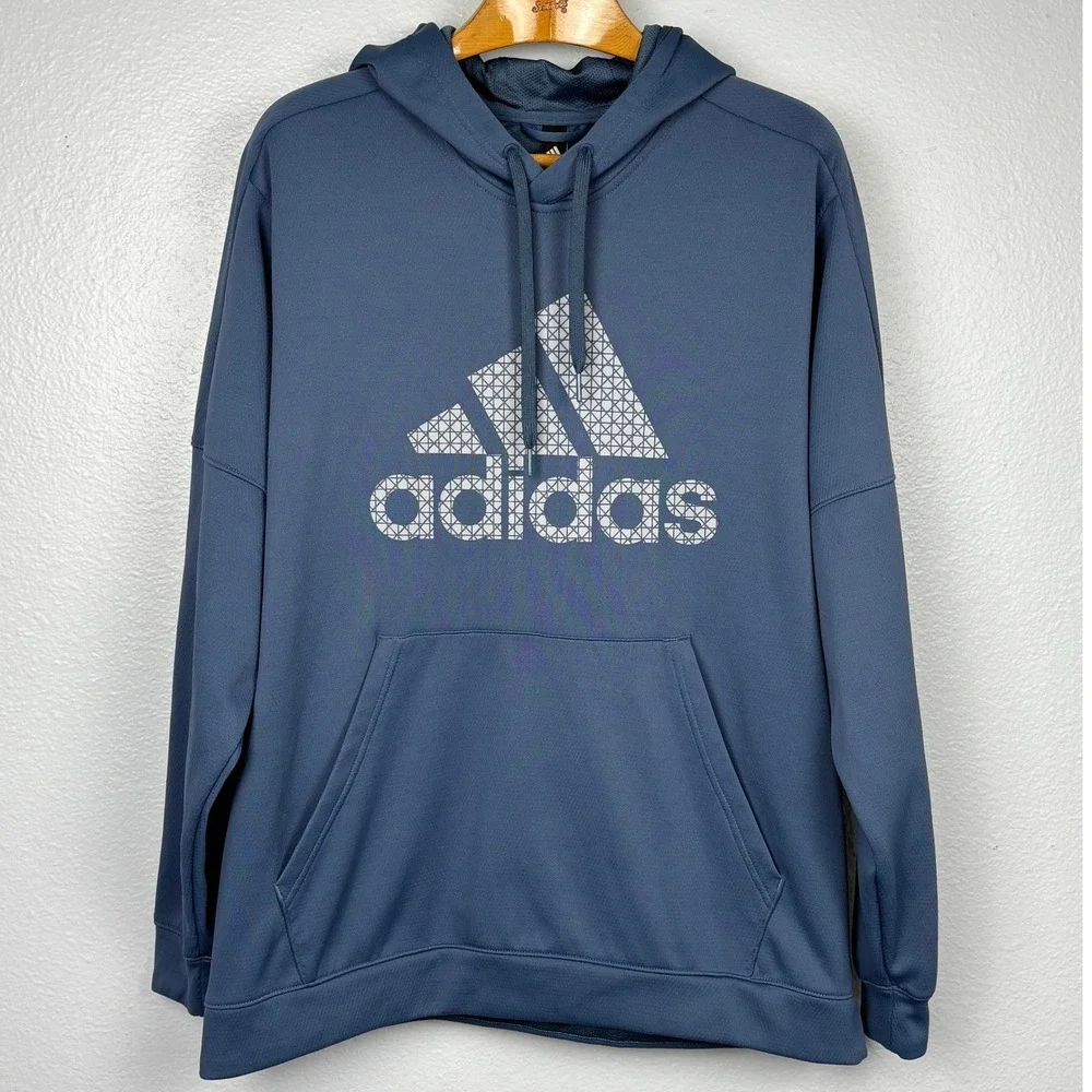 Adidas ClimaWarm Hoodie Mens M Blue Graphic Logo Pullover Sweatshirt Oversized